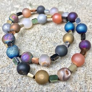 Agate and hematite elastic bracelet Round hexagon